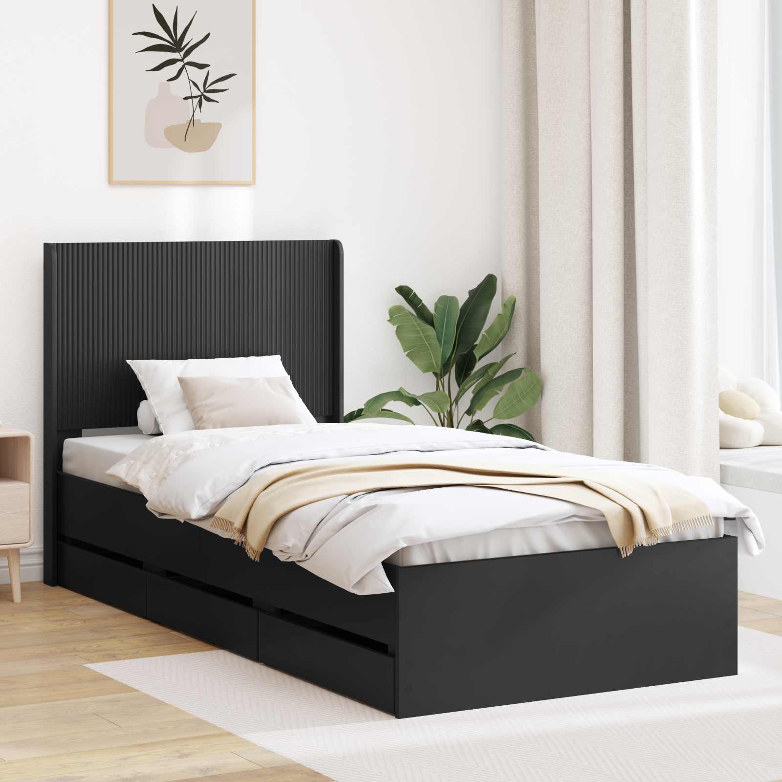 Sengestel med opbevaring og hovedgærde sort 90 x 190 cm