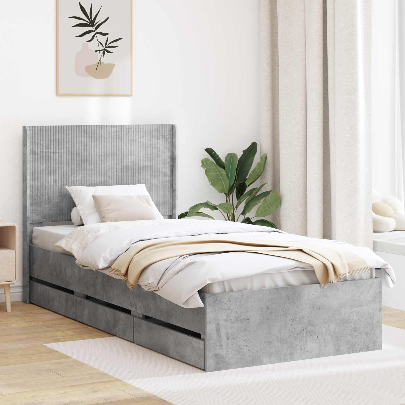 Sengestel med opbevaring og hovedgærde 90 x 190 cm - betongrå