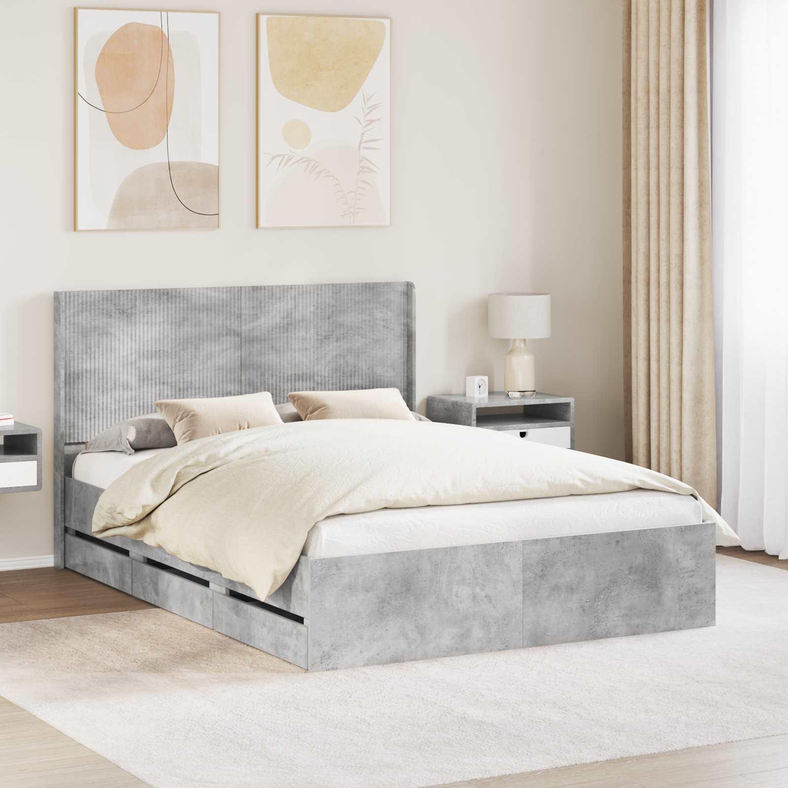 Sengestel med opbevaring og hovedgærde betongrå 135 x 190 cm