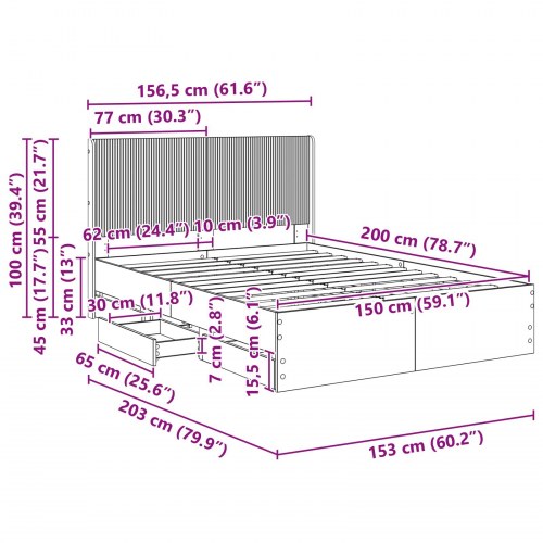 Sengestel med opbevaring og hovedgærde i røget eg 150 x 200 cm