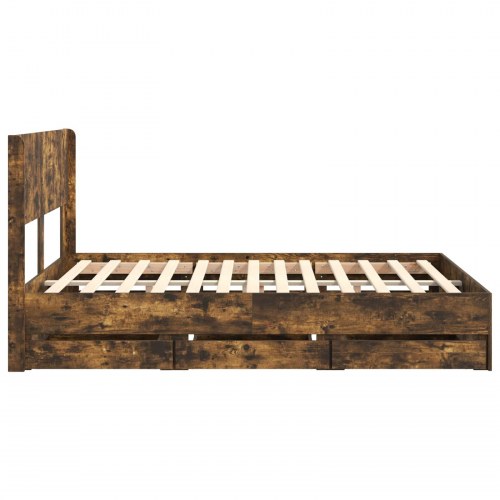 Sengestel med opbevaring og hovedgærde i røget eg 140 x 190 cm