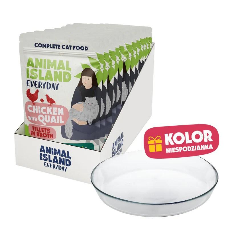 ANIMAL ISLAND Everyday vådfoder til kat med kylling og vagtel i bouillon 12 x 85 g + gratis tallerken