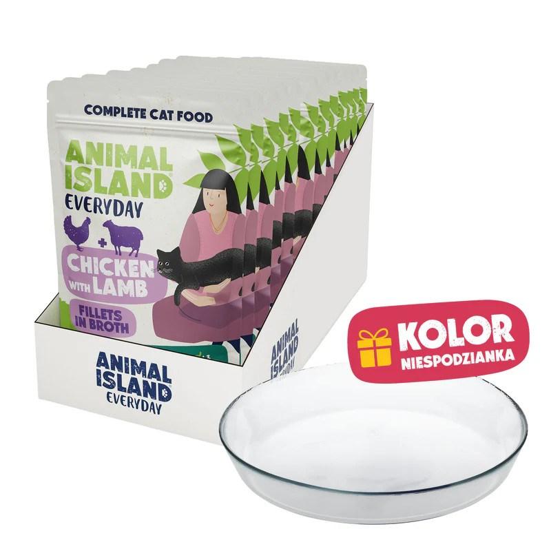 ANIMAL ISLAND Everyday vådfoder til kat med kylling og lam i bouillon 12 x 85 g + gratis tallerken