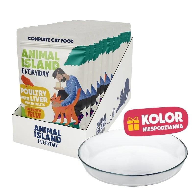 ANIMAL ISLAND Everyday vådfoder til kat med fjerkræ og lever i gelé 12 x 85 g + gratis tallerken