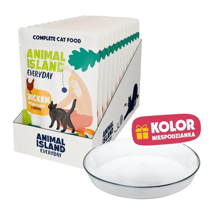 ANIMAL ISLAND Everyday kylling i bouillon vådfoder til kat 12 x 85 g med gratis skål