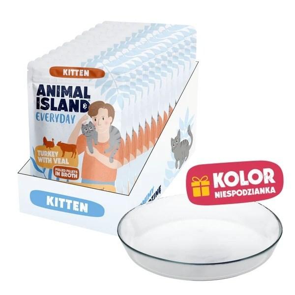 ANIMAL ISLAND Everyday Kitten kalkun og kalv i bouillon vådfoder til killing 12 x 85 g med gratis tallerken