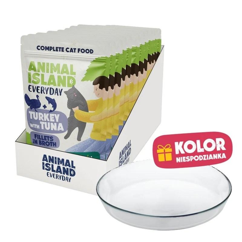 ANIMAL ISLAND Everyday kalkun og tun i bouillon vådfoder til kat 12 x 85 g + gratis tallerken