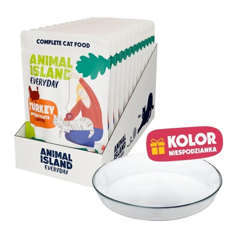 ANIMAL ISLAND Everyday kalkun i bouillon vådfoder til kat 12 x 85 g med gratis tallerken