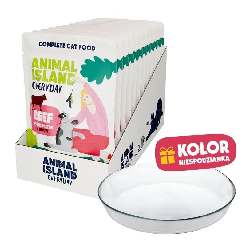 ANIMAL ISLAND Everyday oksekød i bouillon vådfoder til kat 12 x 85 g med gratis skål
