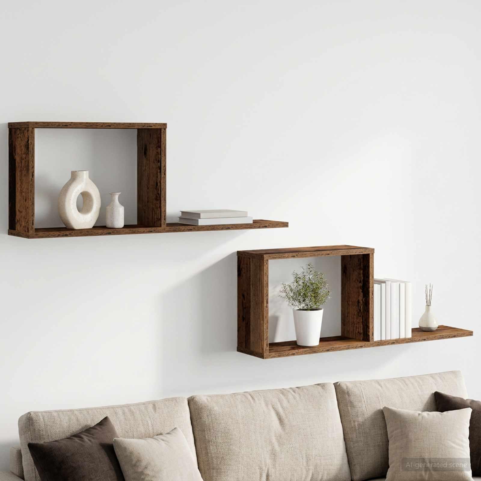 Svævehylder 2 stk i gammelt træ 80 x 15 x 30 cm væghylder i konstrueret træ