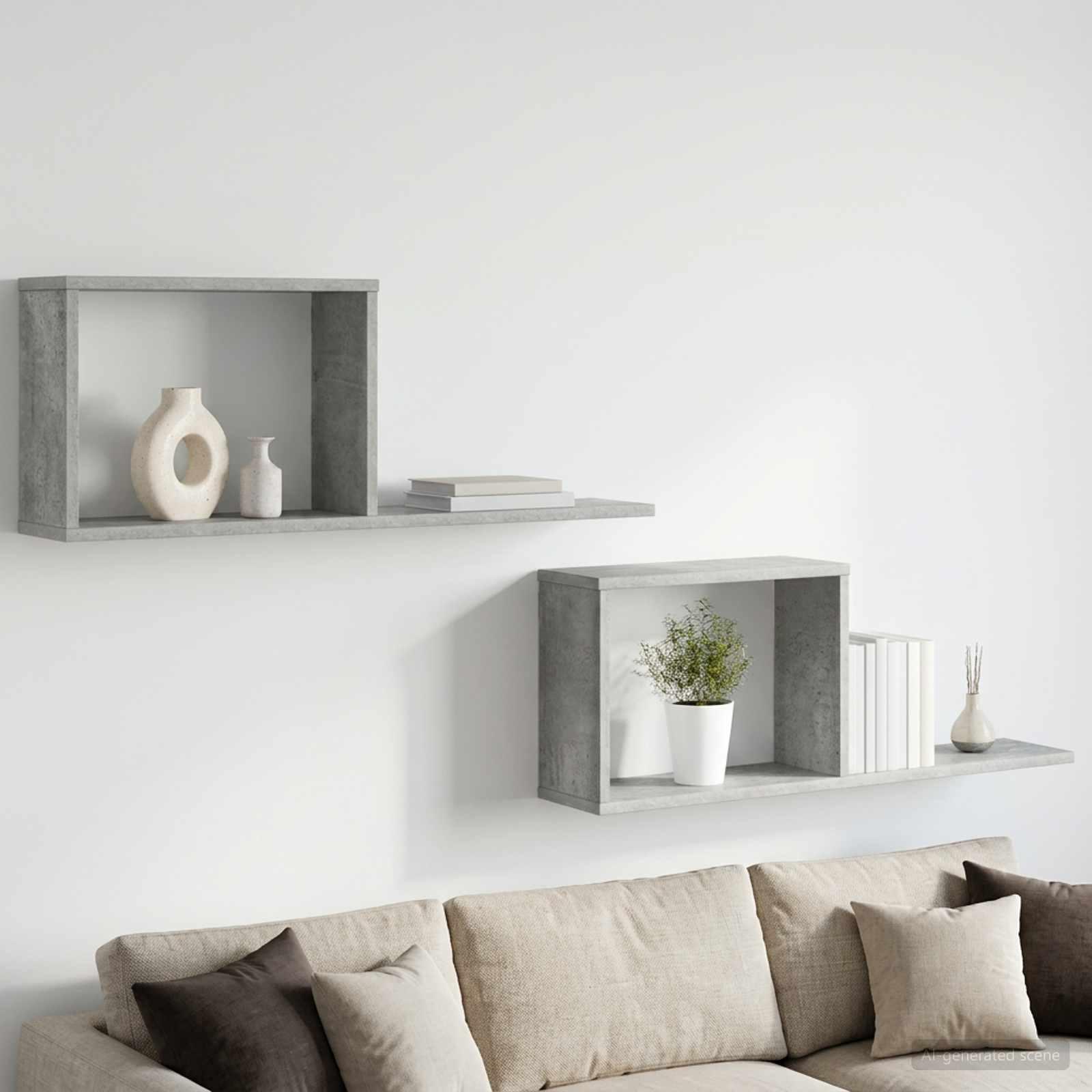 Svævehylder 2 stk i betongrå 80 x 15 x 30 cm væghylder i konstrueret træ