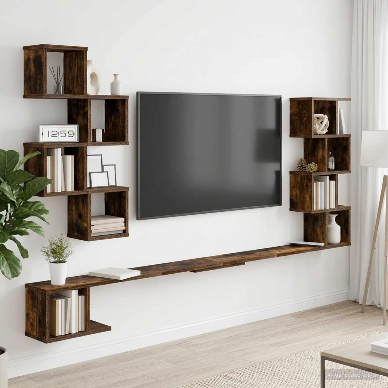 Væghængt TV-hylde i røget eg 160 x 15 x 94 cm