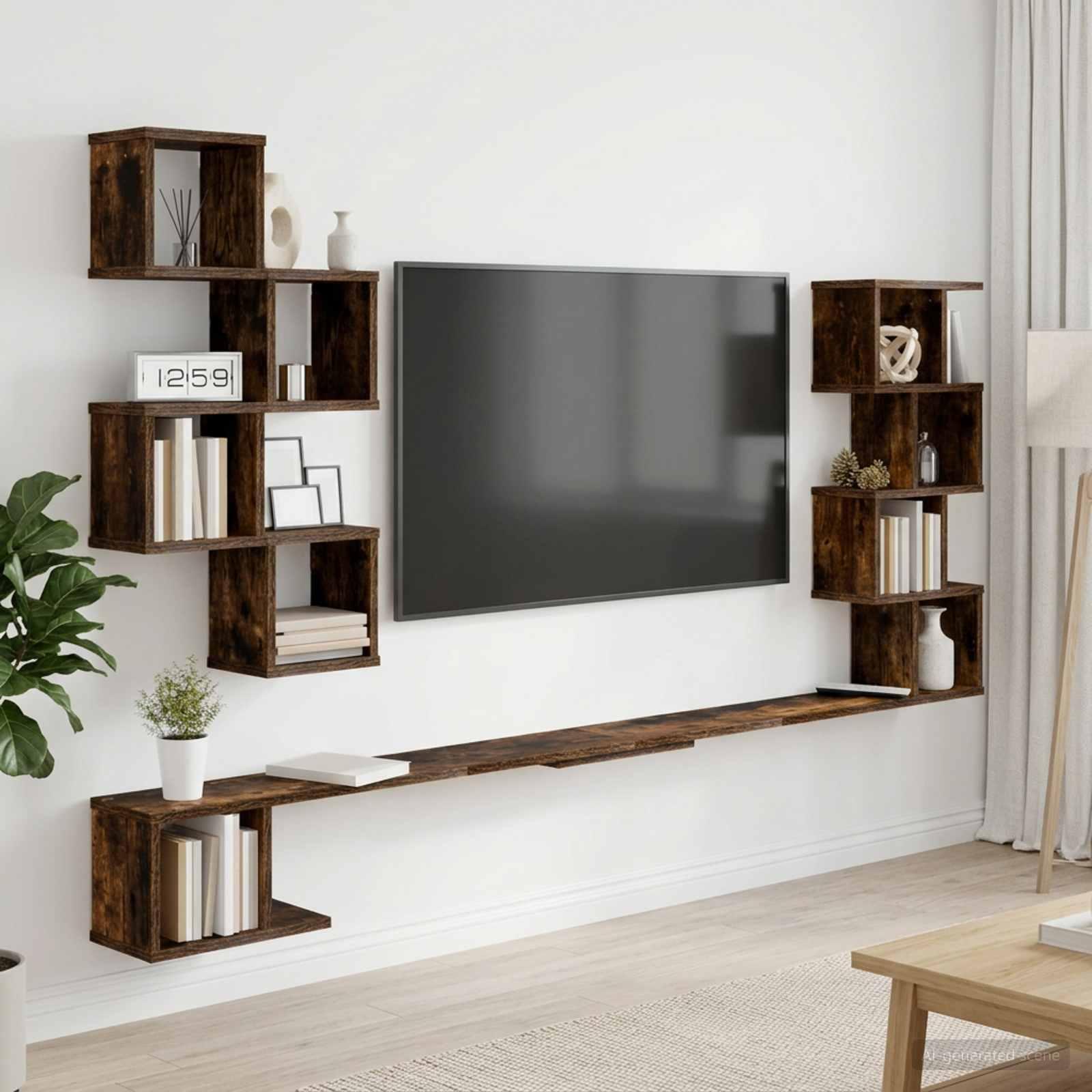 Væghængt TV-hylde i røget eg 180 x 15 x 94 cm