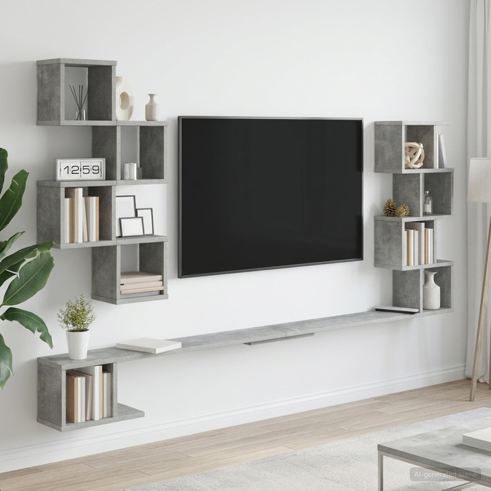 Væghængt TV-hylde i betongrå 180 x 15 x 94 cm