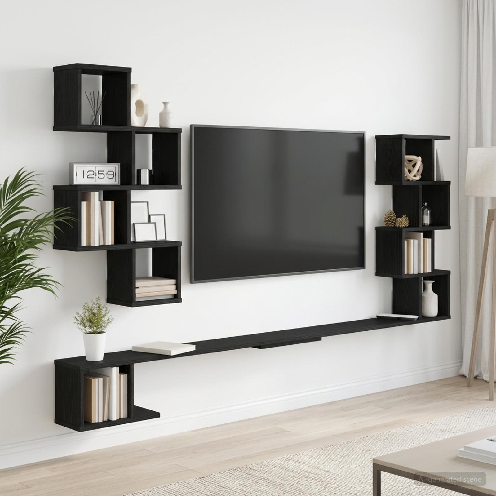Væghængt TV-hylde i sort eg 180 x 15 x 94 cm