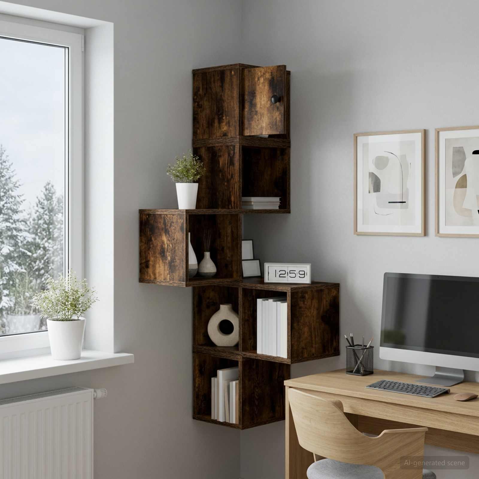 Væg hjørnehylde i røget eg 48 x 48 x 120 cm i konstrueret træ