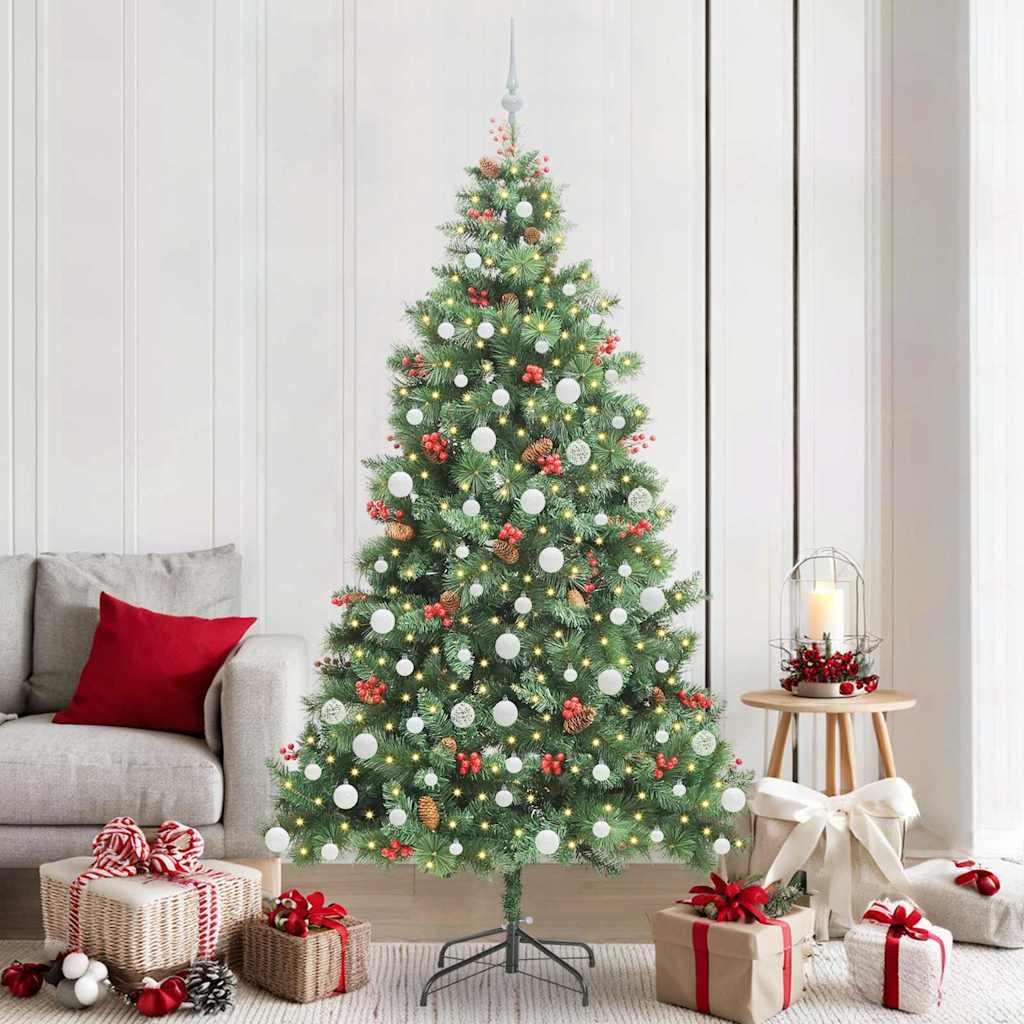 Kunstigt juletræ med LED-strimmellys 210 cm grøn med julekugler