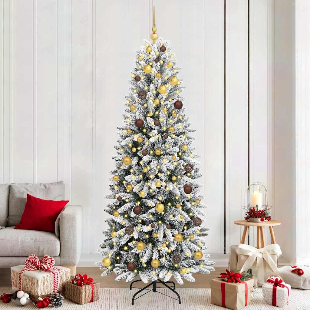Kunstigt juletræ hvid 210 cm med LED-lys, sneeffekt og pynt
