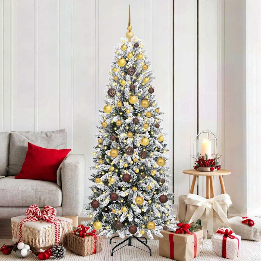Kunstigt juletræ med sne og LED-lys 180 cm hvid