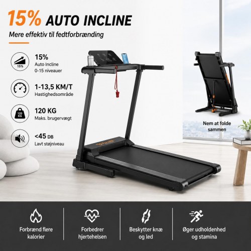 Foldbart løbebånd 3.0HP med 15% automatisk hældning