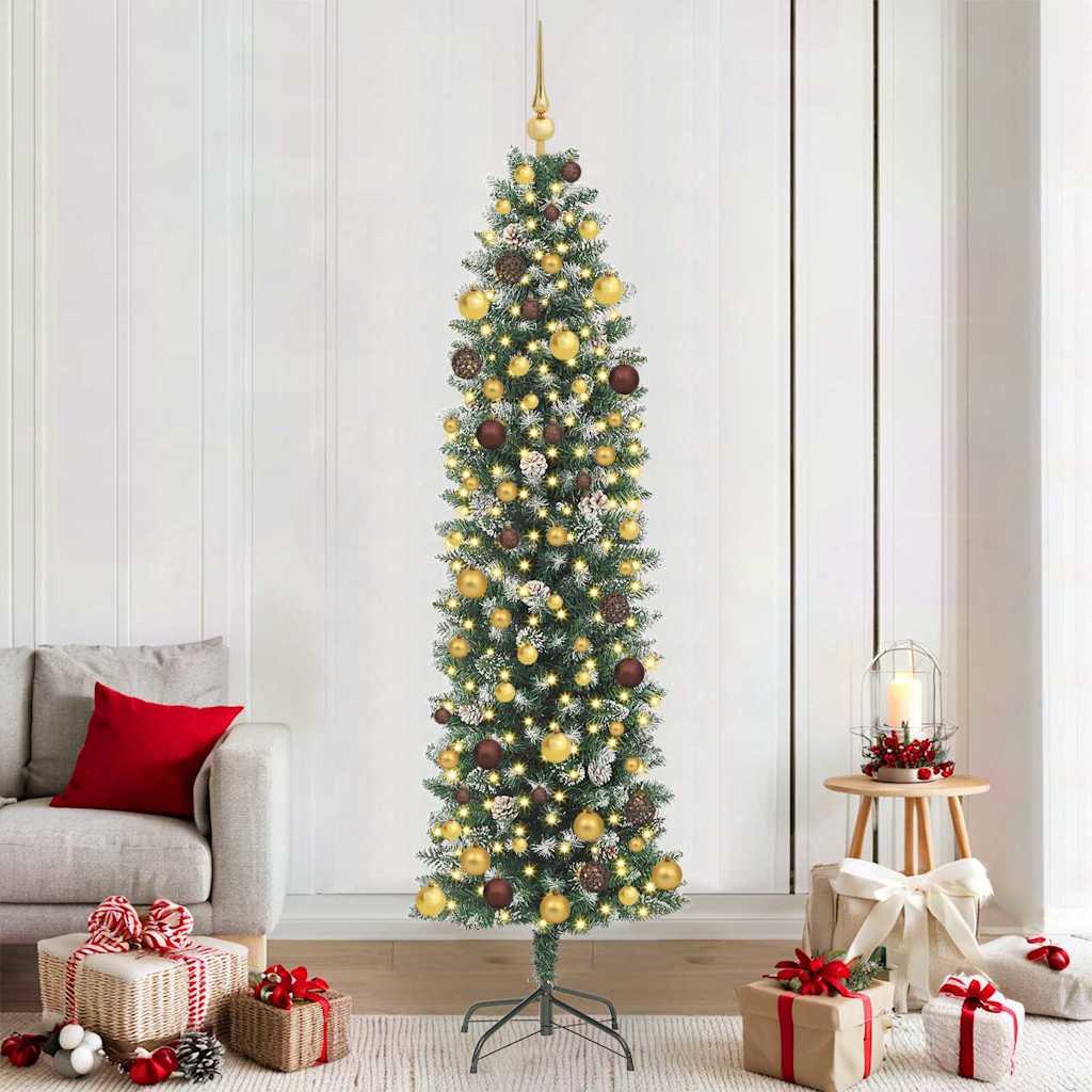 Kunstigt slankt juletræ med 300 LED-lys grøn og hvid 210 cm