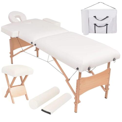 Foldbart massagebord med skammel 2 zoner 10 cm tyk hynde hvid