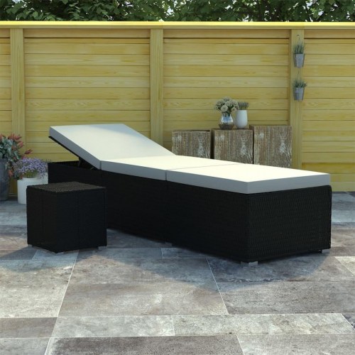 Liggestol med hynde og tebord i polyrattan - sort/cremehvid (OUTLET A)