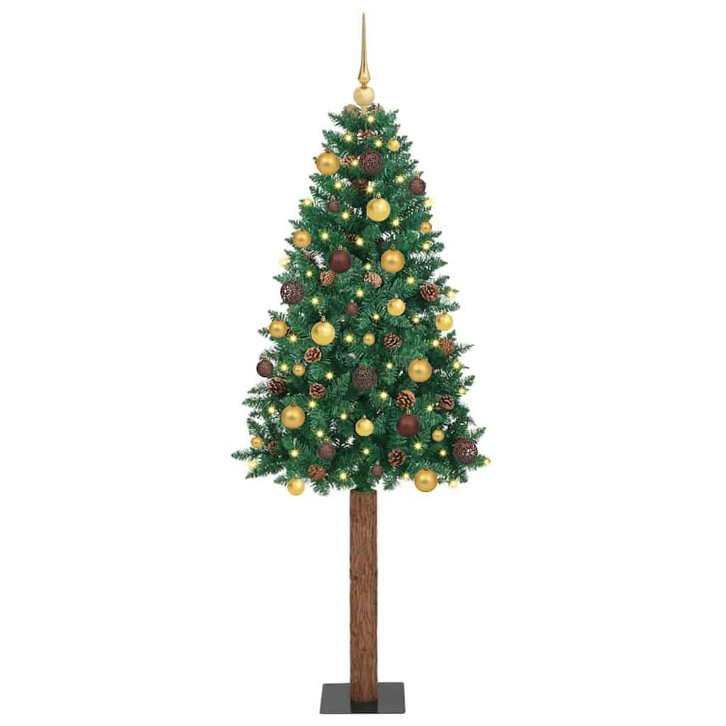 Slankt juletræ med LED-lys og stativ grøn 210 cm i PVC og massiv fyrretræ