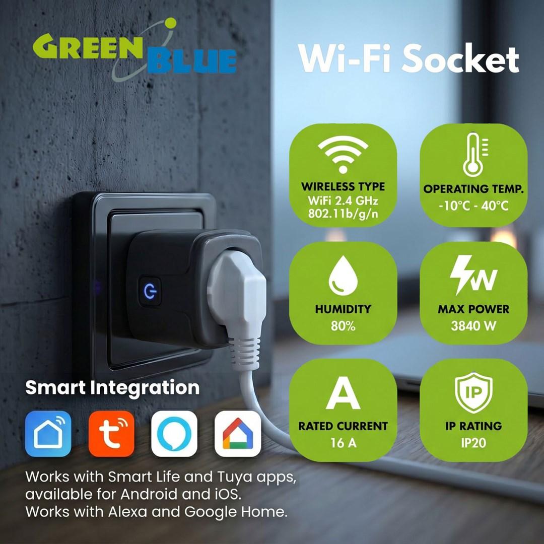 GreenBlue GB735 B smart WiFi-stik med energimåler 16 A/3.840 W - sort