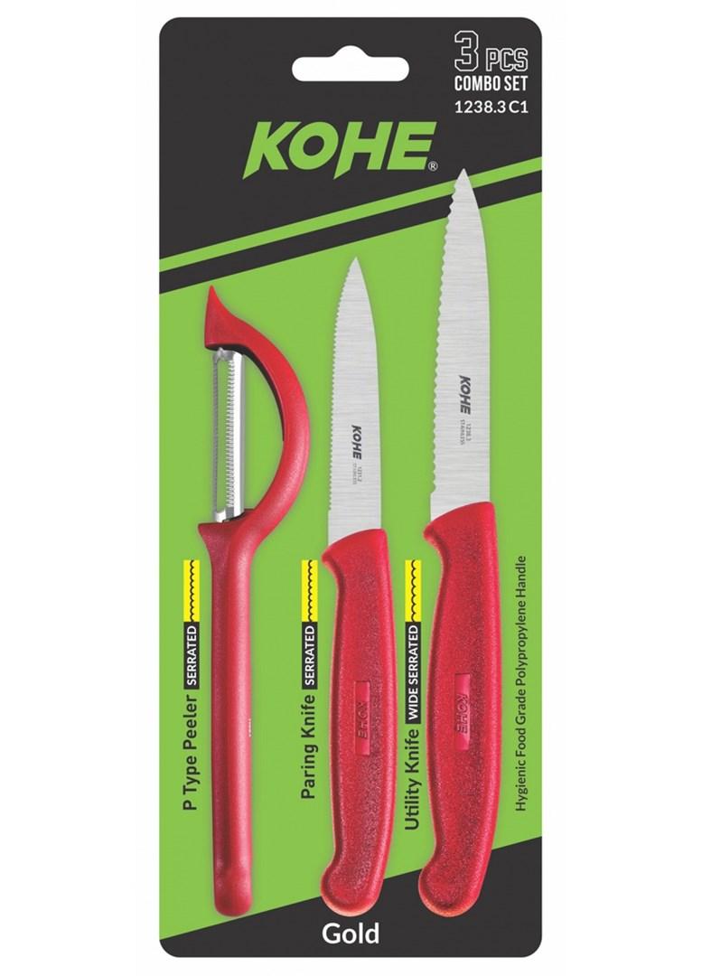 KOHE knivsæt i 3 dele med skræller, assorterede farver