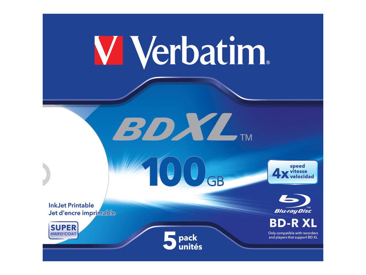 Blu-ray skiver Verbatim BD-R XL 100 GB 4x - Wide Inkjet Printable, 5 stk. i jewel case