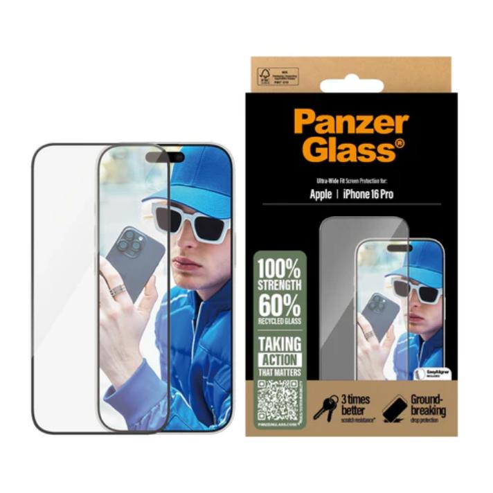 PanzerGlass - Skærmbeskytter for mobiltelefon - ultrabred pasform - glas - rammefarve sort - for Apple iPhone 16 Pro