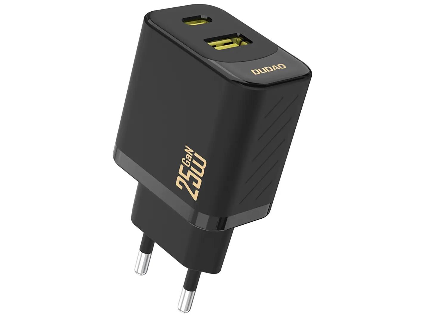 Dudao A26T GaN Adapter 25W. Hurtig Dual oplader med USB-C og USB-A. Sort