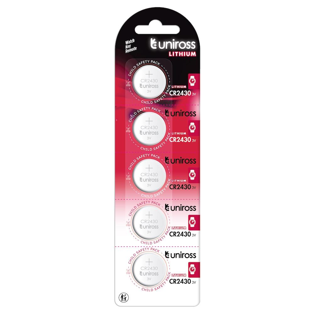 Uniross U5CR2430, Engangsbatteri, CR2430, Lithium, 3 V, 5 stk, Sølv