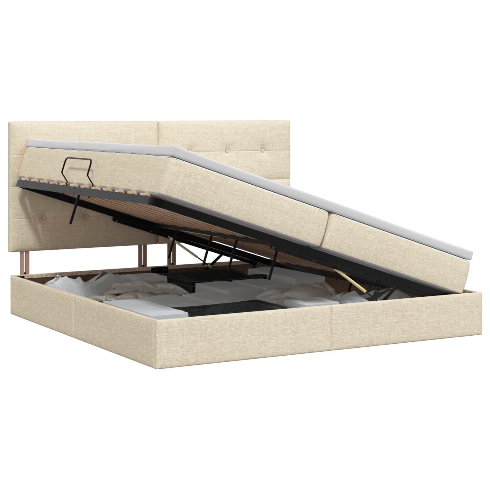 Seng med opbevaring og madras 200 x 200 cm - cremefarvet stof