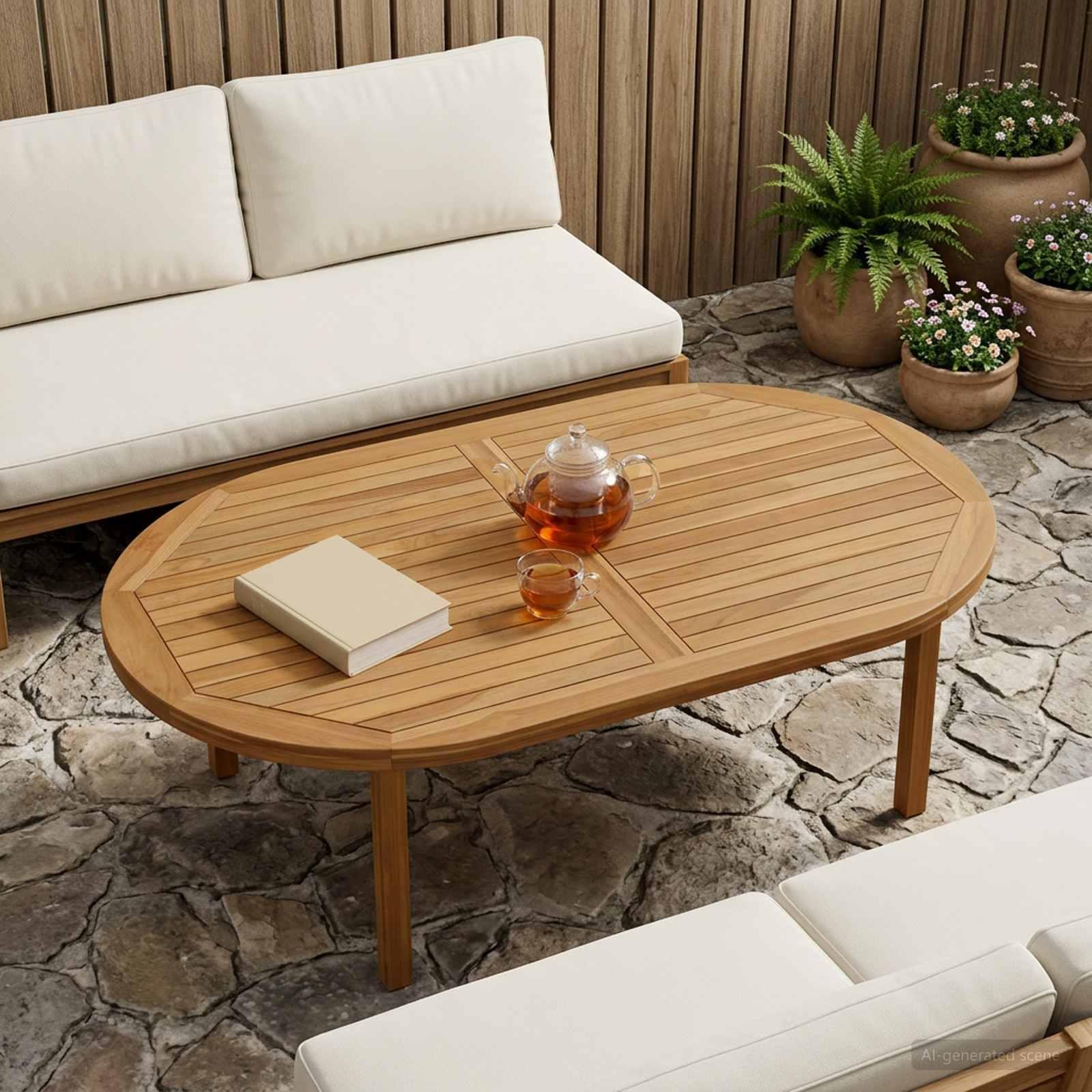 Oval bordplade i massiv teaktræ 120 x 70 cm naturfarvet