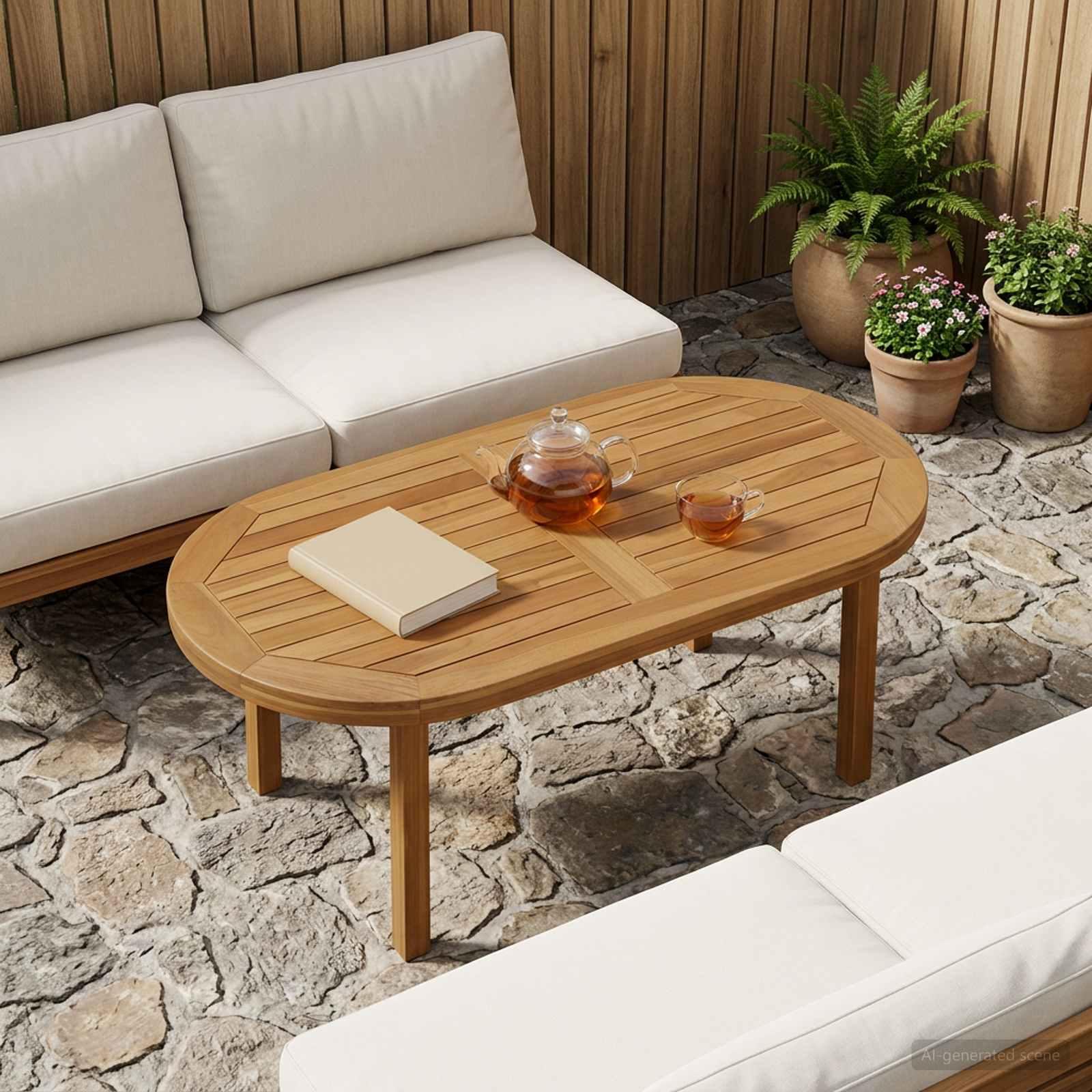 Oval bordplade i massiv teaktræ 90 x 45 cm naturfarvet