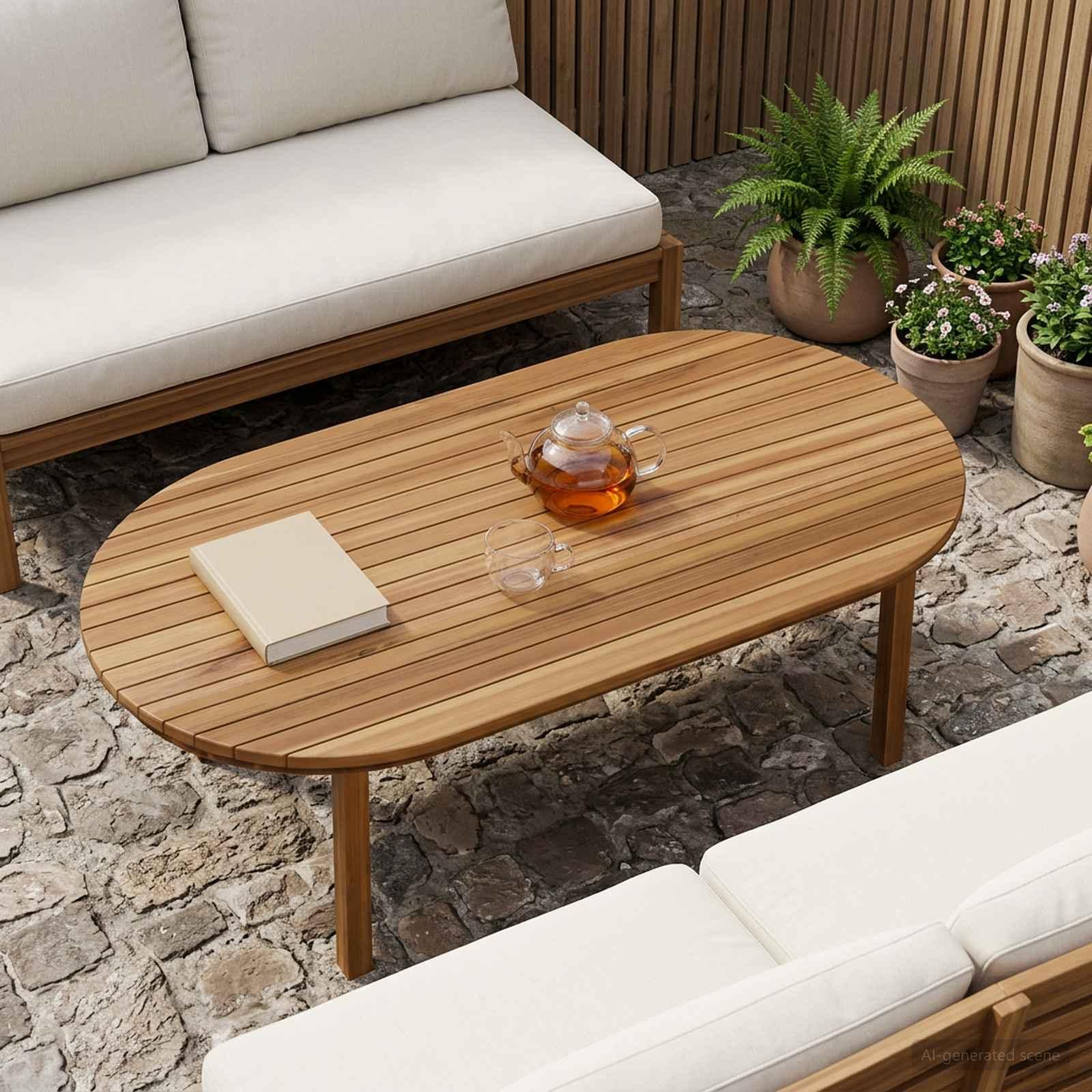 Bordplade 110 x 55 x 3,5 cm oval i massiv teaktræ, naturfarvet