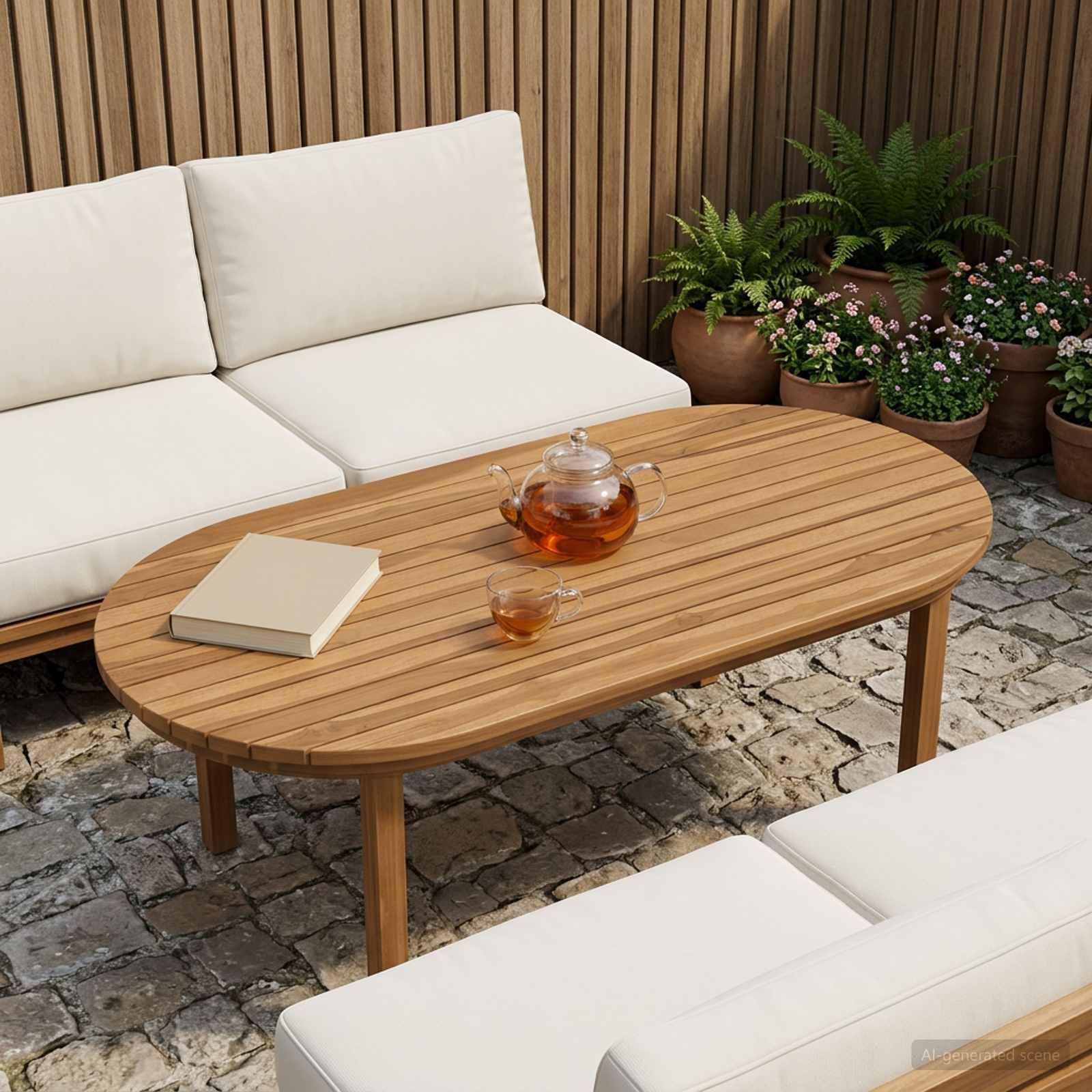 Bordplade 100 x 50 x 3,5 cm oval i massiv teaktræ naturfarvet