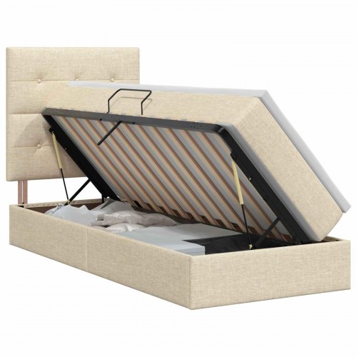 Seng med opbevaring og madras 90 x 190 cm - cremefarvet stof