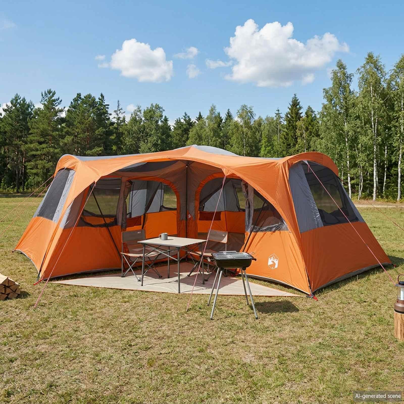 Familietelt til 6 personer med regnflige og 3 rum - grå/orange