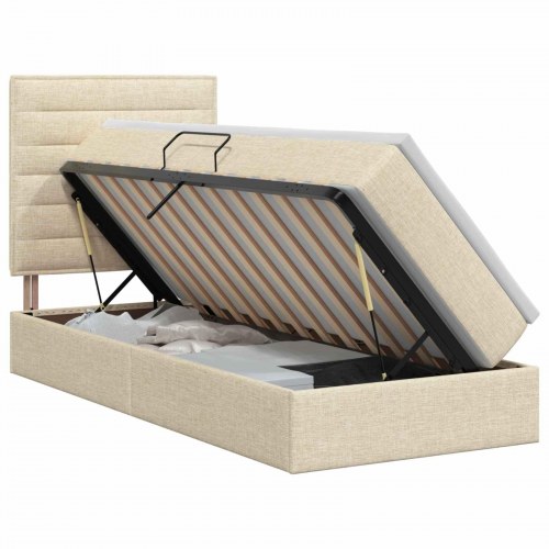 Seng med opbevaring og madras 100 x 200 cm - cremefarvet stof