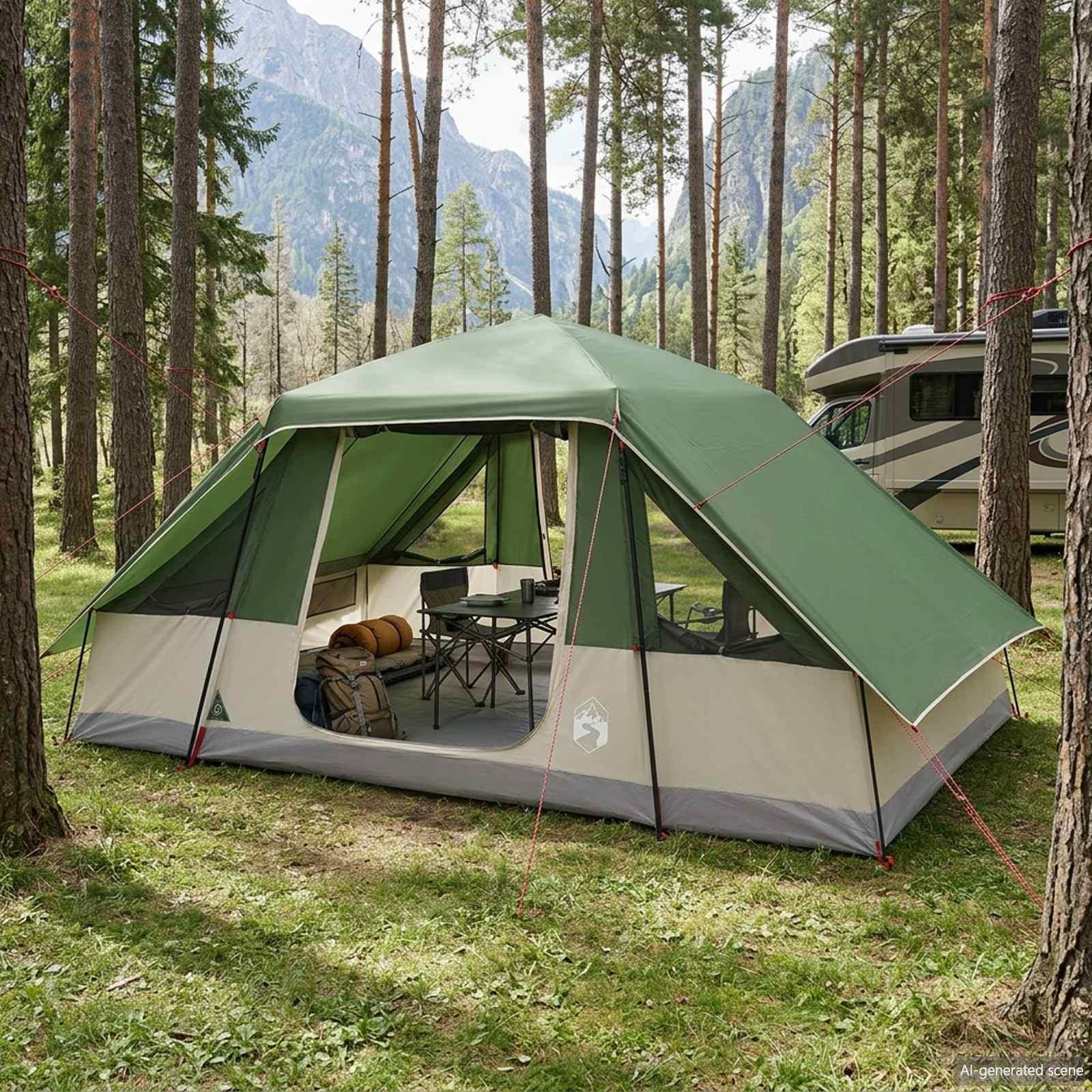 Familietelt med regnslag til 6 personer 395 x 230 x 195 cm - grøn
