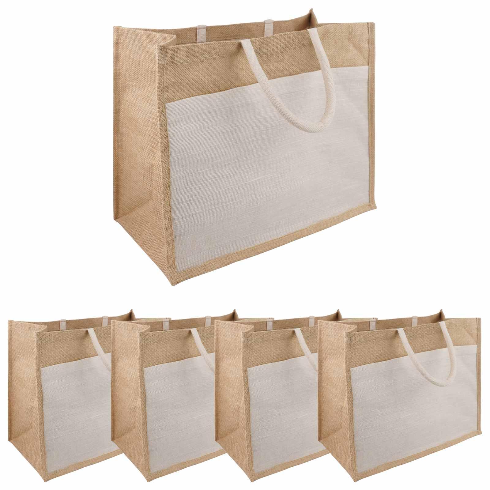 Jute håndtasker med lomme 5 stk natur og hvid 42 x 33 x 19 cm