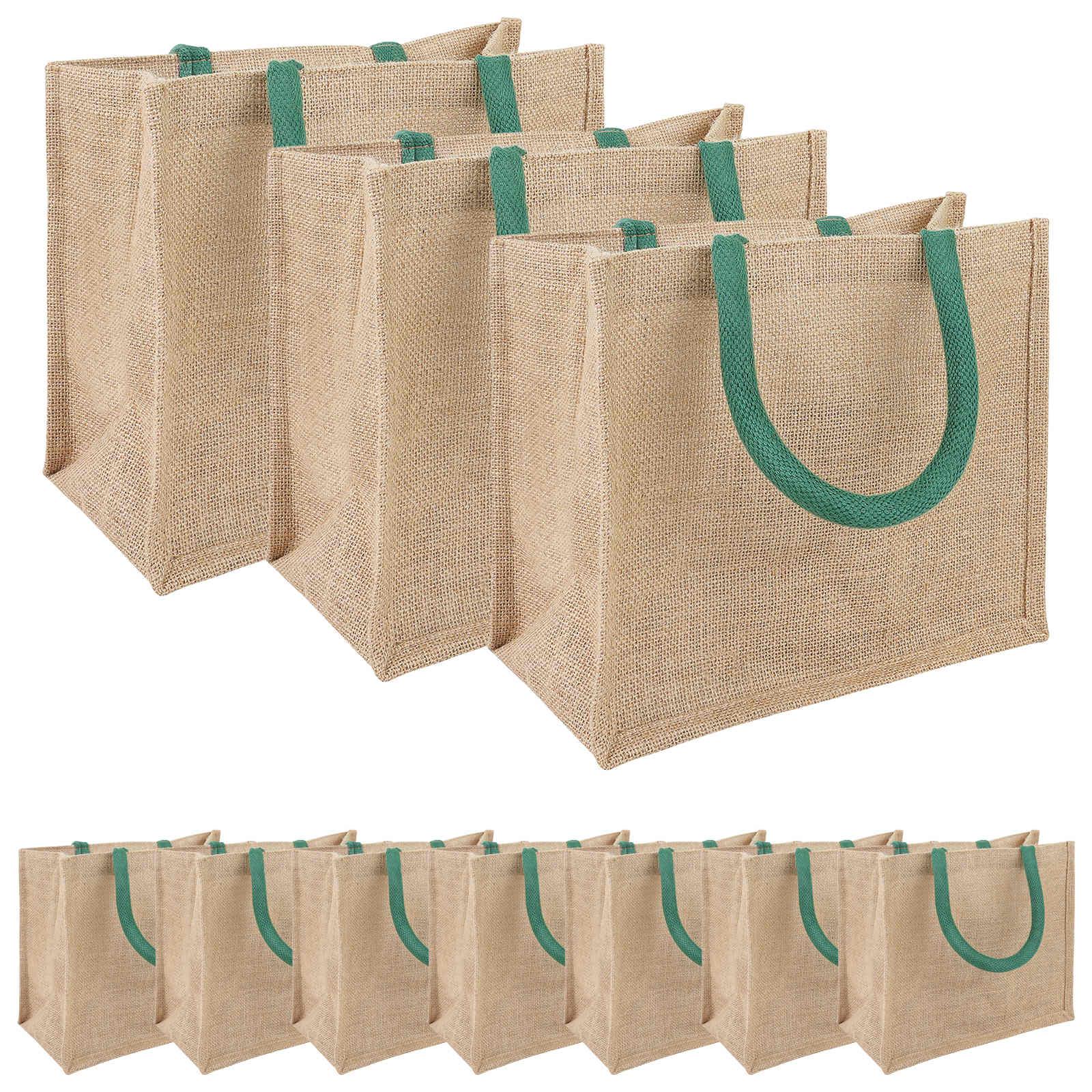 Jute indkøbstasker 10 stk natur/grøn 26 x 22 x 14 cm 100% tossa jute