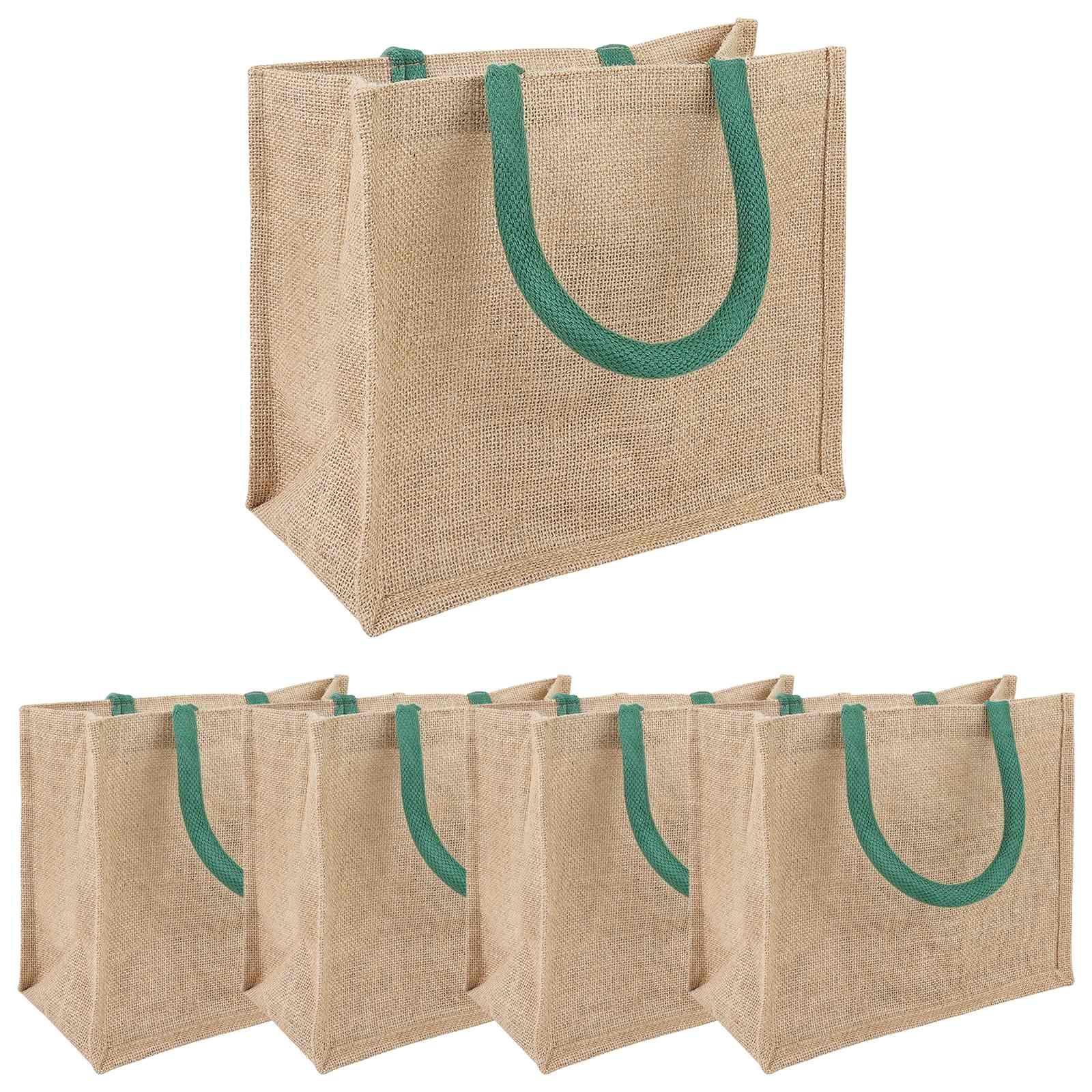 Jute indkøbstasker 5 stk. naturlig og grøn 26 x 22 x 14 cm 100% Tossa jute