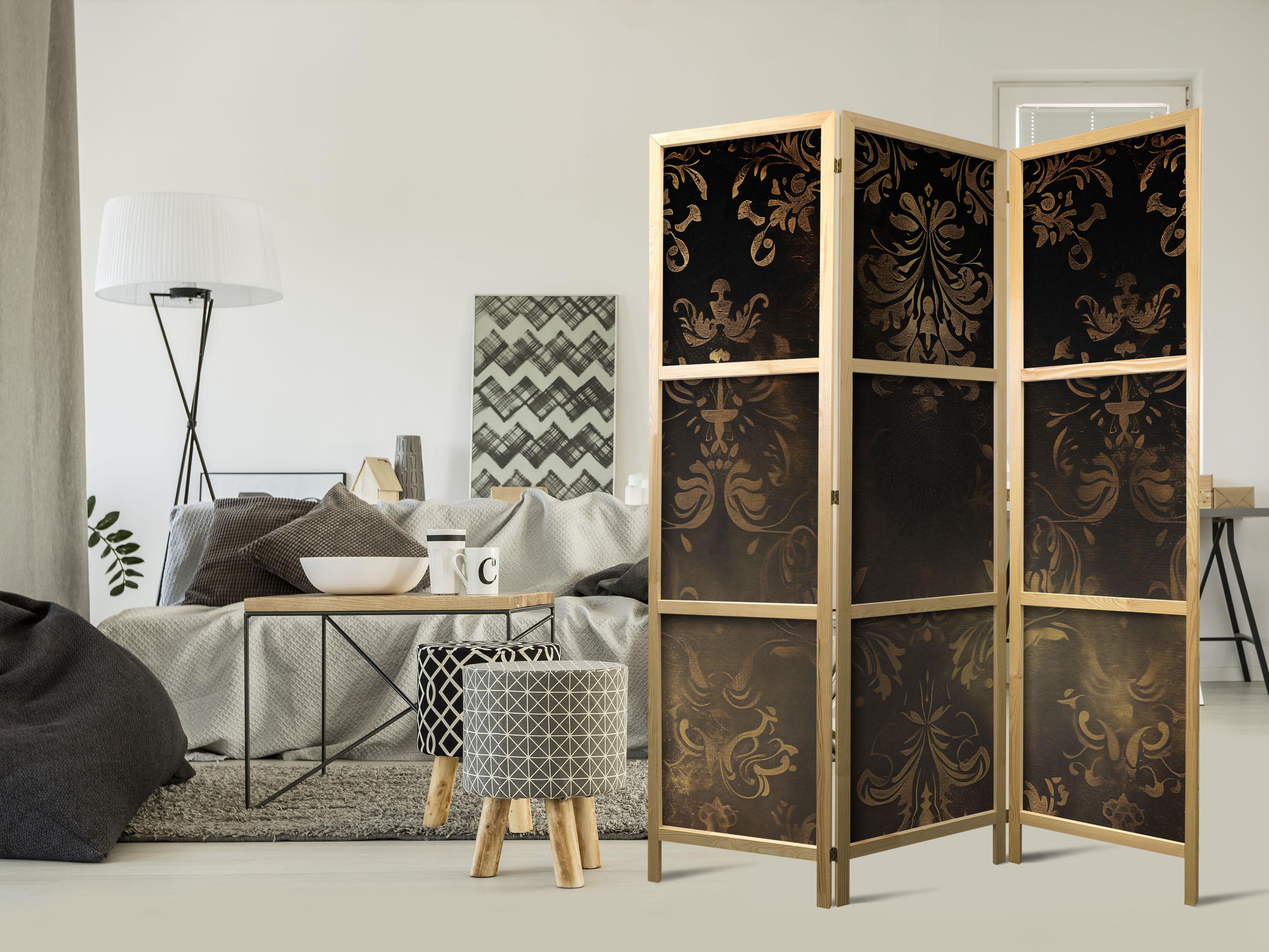 Japansk skærmvæg 3 paneler med blomsterornamenter i sepia og brun 135 x 172 cm