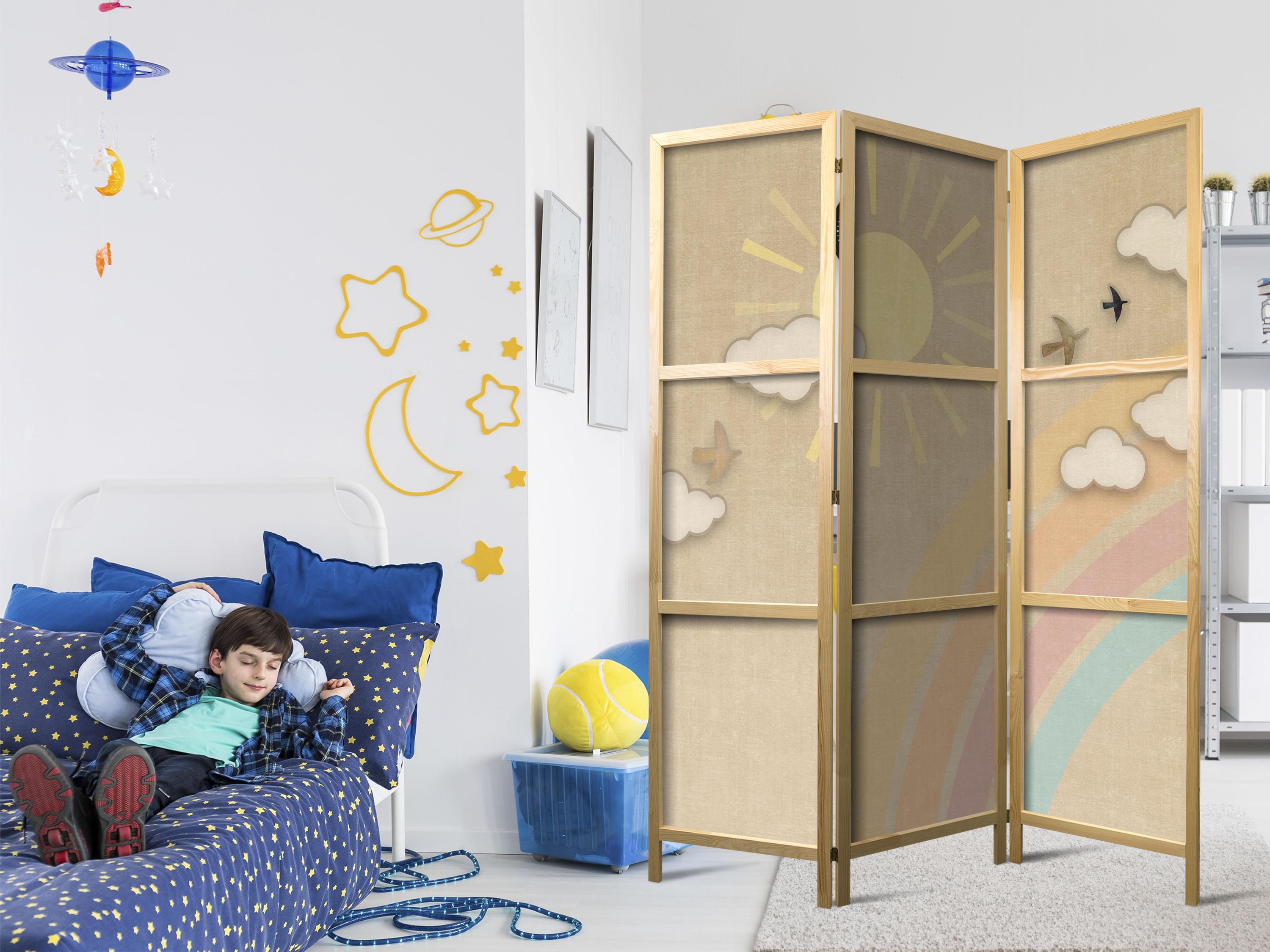 Japansk skærmvæg til børn 135 x 172 cm - Regnbue på en solrig dag med flyvende fugle