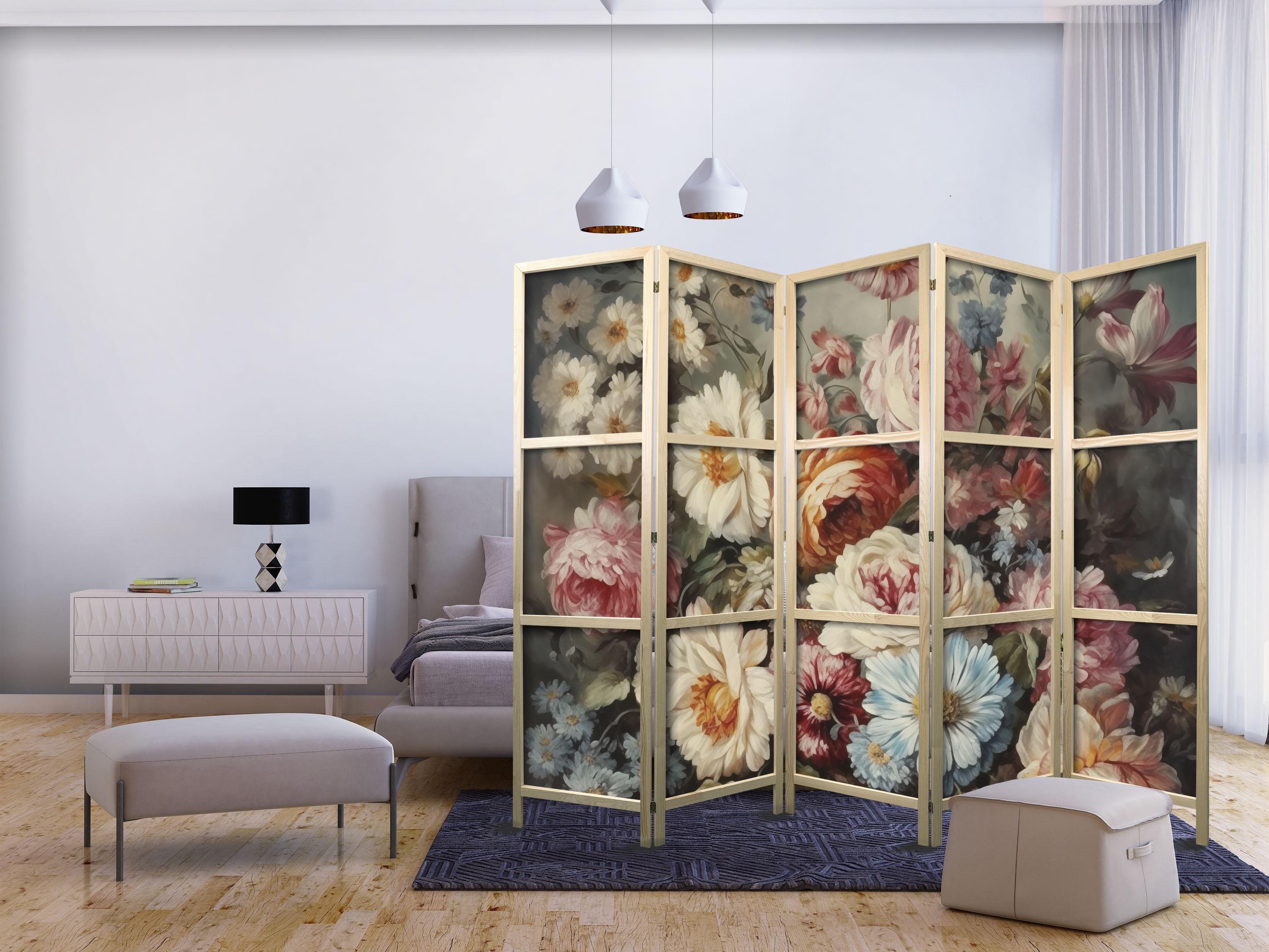 Japansk skærmvæg 5 paneler - Scent of Nature blomster i pastelfarver 225 x 172 cm