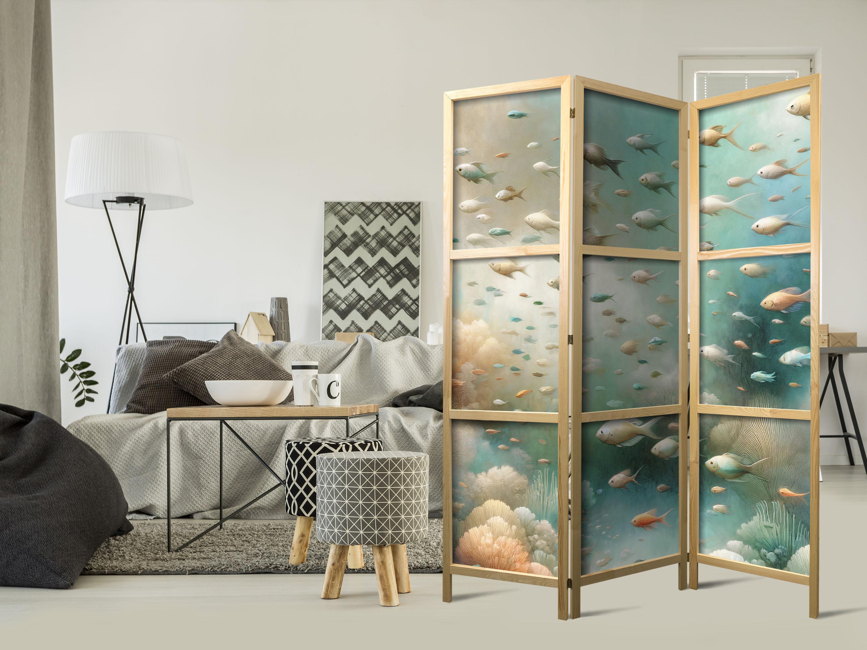 Japansk skærmvæg med undervandsmotiv og fisk 135 x 172 cm